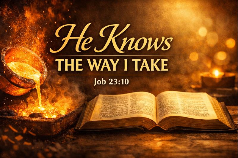 YouTube thumbnail for Reading the Bible Daily with Dave featuring an open Bible and molten gold being refined in fire, with the text “He Knows the Way I Take” from Job 23:10.
