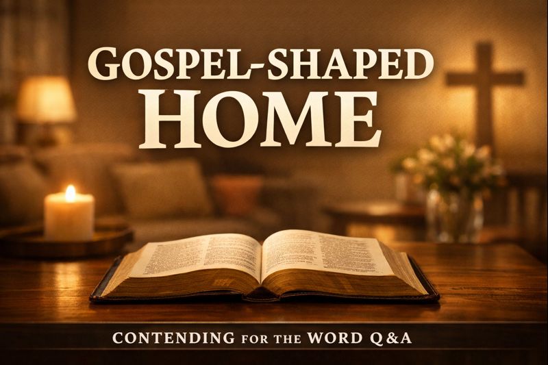 An open Bible on a wooden table in a warm, peaceful home with soft light and a cross in the background, representing a gospel-shaped, Christ-centered home.