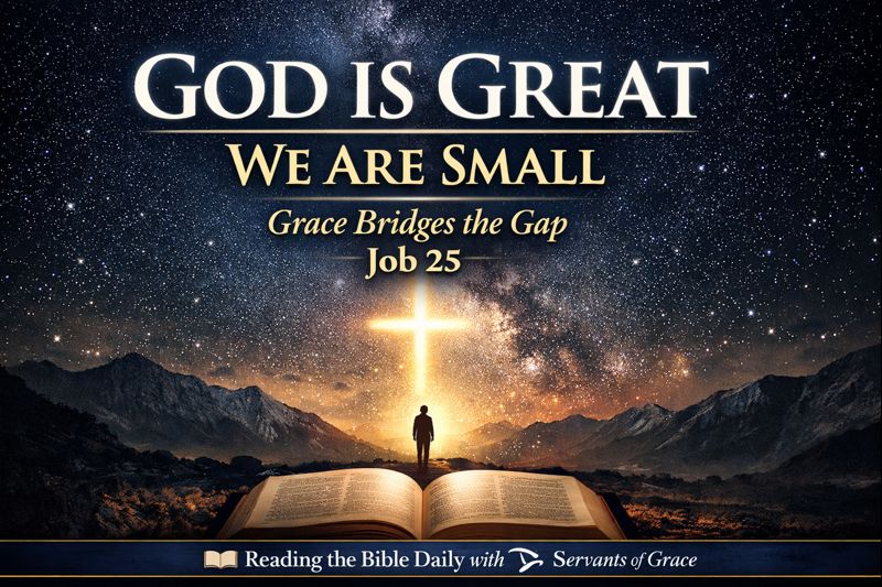 Open Bible beneath a star-filled night sky with a glowing cross and a small human silhouette, illustrating God’s holiness, human smallness, and the grace that restores in Job 25.