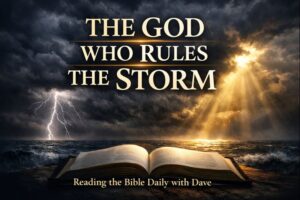 Storm clouds over the sea with lightning on one side and sunlight breaking through on the other, an open Bible in the foreground, and the words ‘The God Who Rules the Storm,’ representing God’s sovereign power in Job 26.