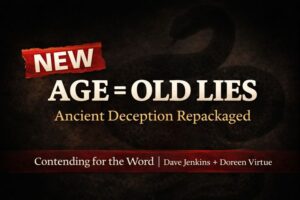 Dark YouTube thumbnail with bold text reading ‘NEW AGE = OLD LIES,’ a faint shadowed serpent silhouette in the background, and a footer reading ‘Contending for the Word | Dave Jenkins + Doreen Virtue,’ symbolizing ancient spiritual deception exposed by Scripture.