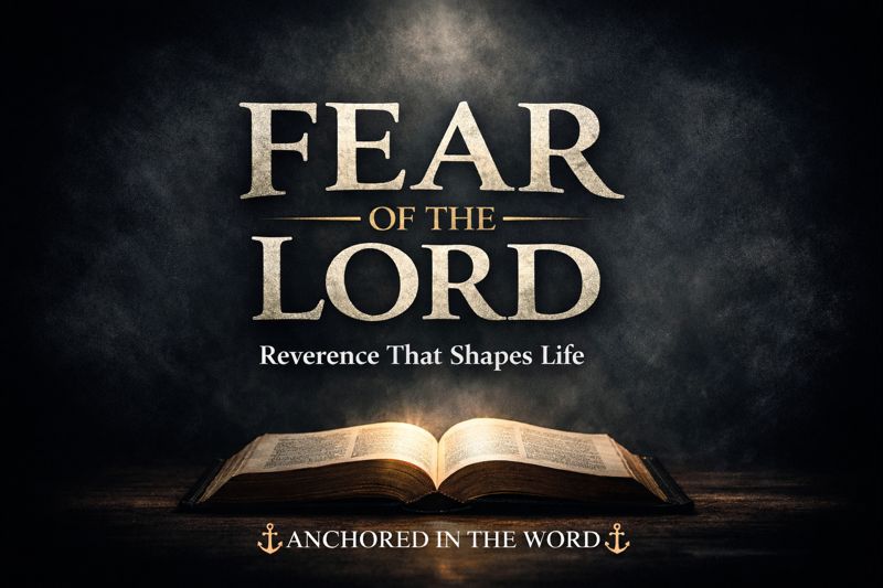 Open Bible illuminated by warm light against a dark background with the words ‘Fear of the Lord’ and ‘Anchored in the Word,’ representing reverent worship and biblical teaching.