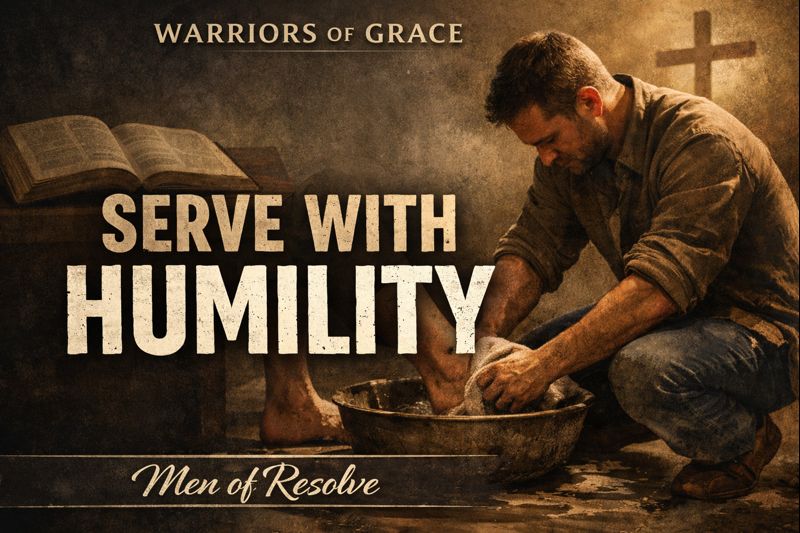 A Christian man kneels and washes another man’s feet beside an open Bible and a wooden cross, symbolizing Christlike servanthood and humble biblical manhood in the Warriors of Grace Men of Resolve series.