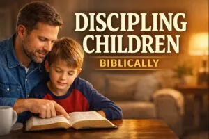 Christian father discipling his son at home by reading the Bible together, representing biblical parenting and gospel-centered discipleship in the family