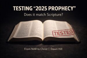 Minimalist thumbnail with an open Bible on a dark background and bold text about testing a 2025 prophecy by Scripture