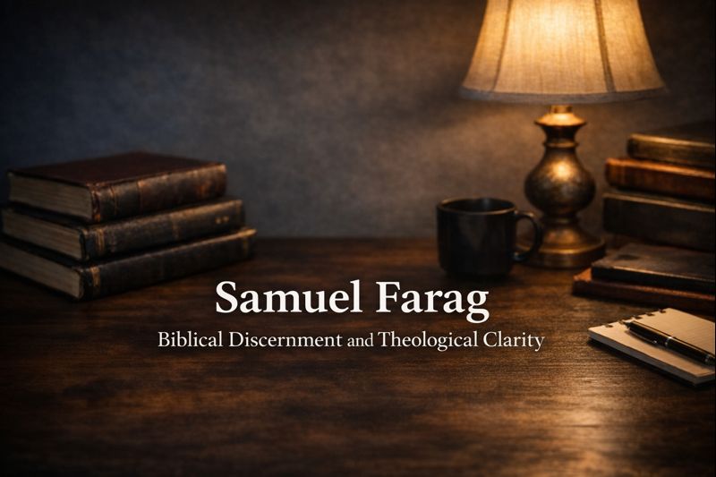 Samuel Farag – Biblical Discernment and Theological Clarity 1 Author page hero image featuring a dimly lit study desk with books and a lamp, displaying the name Samuel Farag and the subtitle Biblical Discernment and Theological Clarity.