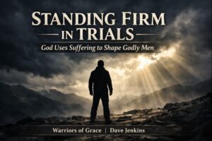 Silhouette of a man standing firm on a rocky path under stormy clouds with light breaking through, symbolizing perseverance through trials and endurance in Christ.