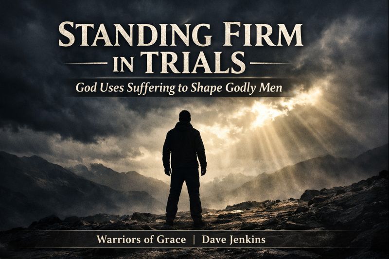 Silhouette of a man standing firm on a rocky path under stormy clouds with light breaking through, symbolizing perseverance through trials and endurance in Christ.