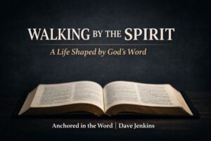 Minimalist Christian podcast thumbnail with an open Bible and bold text reading ‘Walking by the Spirit: A Life Shaped by God’s Word,’ emphasizing Scripture-centered Christian living.