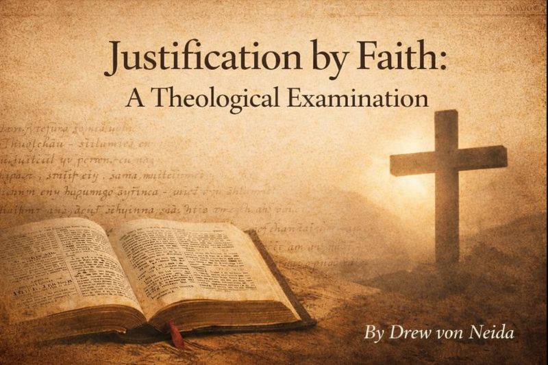 Thumbnail image for the article “Justification by Faith Alone” featuring a parchment background, an open Bible, and a silhouetted cross, with the author credit “By Drew von Neida” in the lower right.