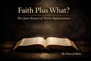 “Dark, reverent theological graphic with an open Bible on a wooden table beneath the title ‘Faith Plus What? The Quiet Return of Works Righteousness,’ with the author credit ‘By Dave Jenkins’ in the lower corner.