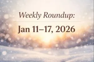 Weekly Roundup: Jan 11–17, 2026 – soft winter landscape with gentle snowfall, warm sunlight in the background, elegant serif text displaying the week, includes 'Servants of Grace' branding, clean and minimal design.