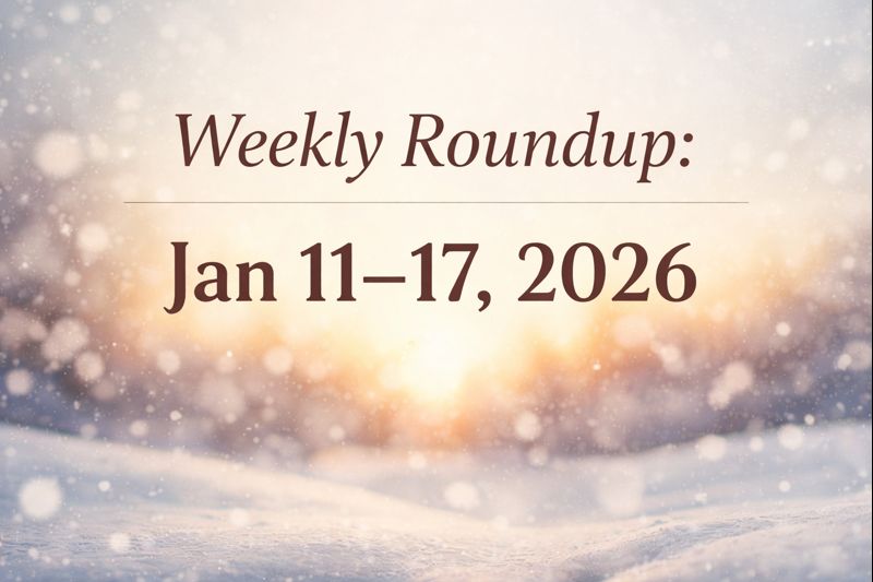 Weekly Roundup: Jan 11–17, 2026 – soft winter landscape with gentle snowfall, warm sunlight in the background, elegant serif text displaying the week, includes 'Servants of Grace' branding, clean and minimal design.
