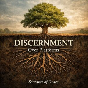 Tree with deep roots extending underground, symbolizing biblical discernment and spiritual maturity over public platforms, with the words ‘Discernment Over Platforms’ and ‘Servants of Grace.