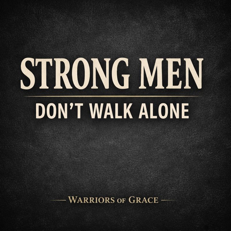 Warriors of Grace podcast graphic with the text “Strong Men Don’t Walk Alone,” emphasizing the importance of godly brotherhood and Christian community for men.