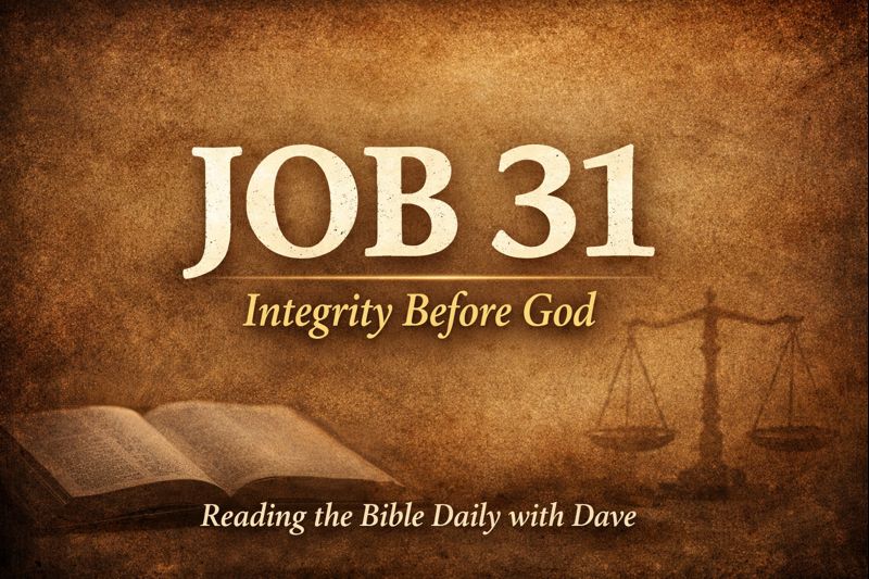 Thumbnail for Reading the Bible Daily with Dave featuring the text “Job 31: Integrity Before God” on a warm parchment-style background with a subtle open Bible and scales of justice, reflecting themes of holiness, accountability, and reverence before God.