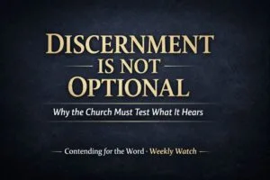 Discernment Is Not Optional thumbnail with gold serif text on a dark charcoal background, promoting a Weekly Watch episode from Contending for the Word on why the church must test what it hears.