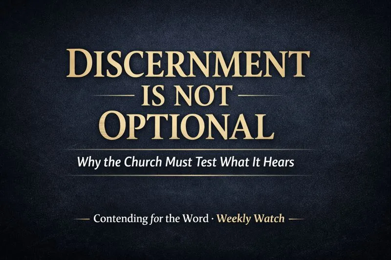Discernment Is Not Optional thumbnail with gold serif text on a dark charcoal background, promoting a Weekly Watch episode from Contending for the Word on why the church must test what it hears.