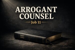 Thumbnail shows a closed Bible resting in shadow with subtle light above, symbolizing the danger of arrogant counsel and misused theology in Job chapter 11.