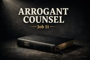 Thumbnail shows a closed Bible resting in shadow with subtle light above, symbolizing the danger of arrogant counsel and misused theology in Job chapter 11.