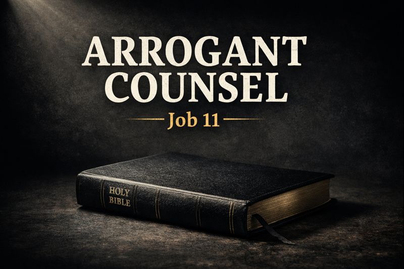 Thumbnail shows a closed Bible resting in shadow with subtle light above, symbolizing the danger of arrogant counsel and misused theology in Job chapter 11.