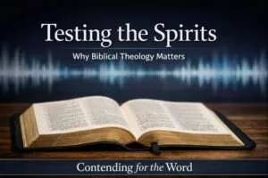 Open Bible resting on a wooden table with a subtle blurred audio waveform in the background. Large text reads ‘Testing the Spirits’ with a subtitle ‘Why Biblical Theology Matters.’ Bottom banner reads ‘Contending for the Word.