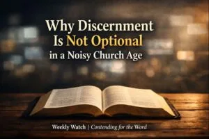 Open Bible on a wooden table with warm light, set against a blurred background suggesting digital and cultural noise, with the title ‘Why Discernment Is Not Optional in a Noisy Church Age