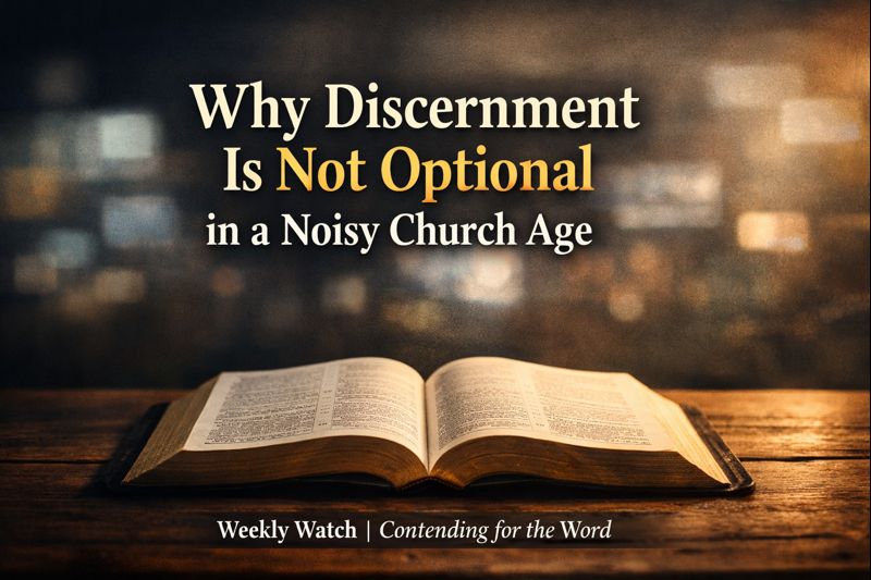 Open Bible on a wooden table with warm light, set against a blurred background suggesting digital and cultural noise, with the title ‘Why Discernment Is Not Optional in a Noisy Church Age