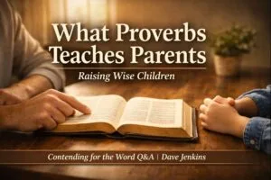 Thumbnail showing a parent and child sitting at a wooden table with an open Bible between them, the parent pointing to Scripture as warm sunlight fills the room. Overlay text reads ‘What Proverbs Teaches Parents’ with the subtitle ‘Raising Wise Children,’ branded with Contending for the Word Q&A and Dave Jenkins.