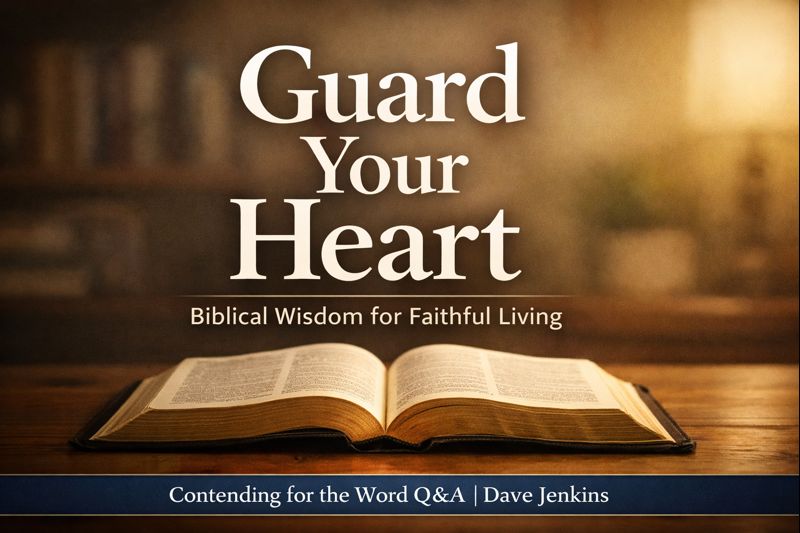 Thumbnail showing an open Bible on a wooden table under warm, soft lighting with a gently blurred background. Large overlay text reads ‘Guard Your Heart’ with a smaller subtitle ‘Biblical Wisdom for Faithful Living.’ A bottom bar displays ‘Contending for the Word Q&A | Dave Jenkins.