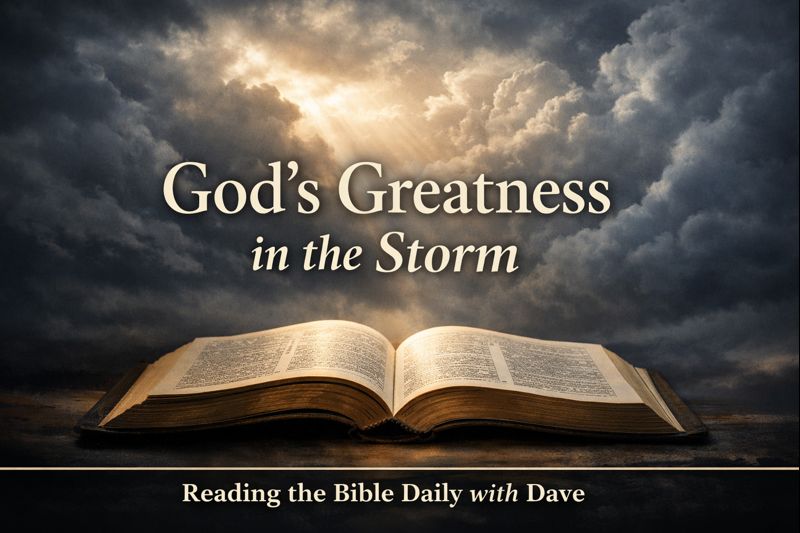 Open Bible beneath storm clouds with soft light breaking through, illustrating God’s greatness revealed in Job 36–37