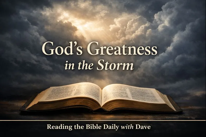 Open Bible beneath storm clouds with soft light breaking through, illustrating God’s greatness revealed in Job 36–37