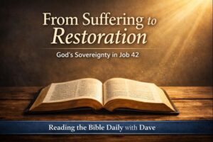 Open Bible on a wooden table illuminated by warm light, symbolizing God’s sovereignty and restoration in Job 42, Reading the Bible Daily with Dave.