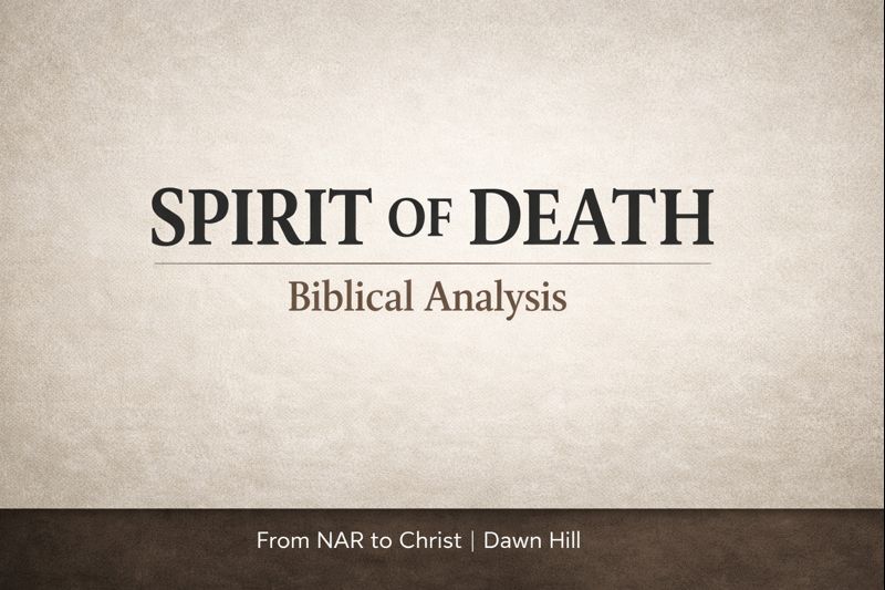 Minimalist parchment-style background with a dark-to-light gradient. Large bold text reads “Spirit of Death,” with smaller text beneath reading “Biblical Analysis.” A dark footer bar at the bottom says “From NAR to Christ | Dawn Hill.”