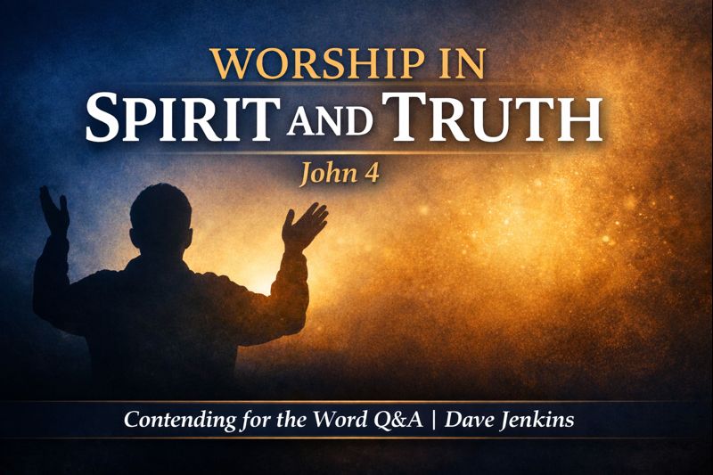 Silhouette of a worshiper with raised hands facing a warm golden light against a deep blue and gold background, with the title “Worship in Spirit and Truth – John 4” and Contending for the Word Q&A branding at the bottom.