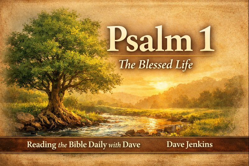 Tree planted beside flowing water in soft golden light, symbolizing Psalm 1, with text reading “Psalm 1: The Blessed Life” from Reading the Bible Daily with Dave by Dave Jenkins.