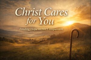 Thumbnail featuring a shepherd’s staff in a peaceful pastoral landscape at sunrise, with the title “Christ Cares for You: Finding Hope in His Compassion.”