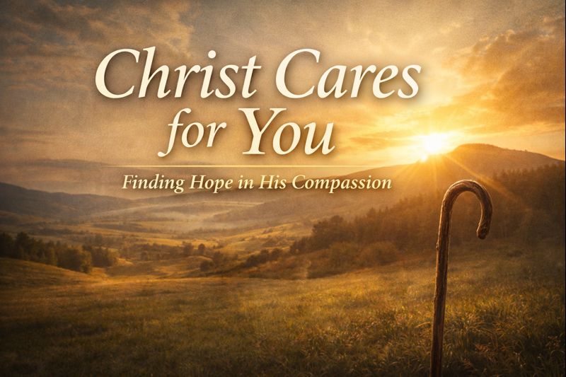 Thumbnail featuring a shepherd’s staff in a peaceful pastoral landscape at sunrise, with the title “Christ Cares for You: Finding Hope in His Compassion.”