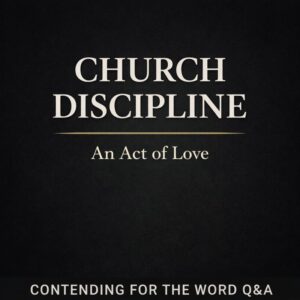 Minimalist dark charcoal YouTube thumbnail with the title ‘Church Discipline’ in large serif text, a thin gold divider line, the subtitle ‘An Act of Love,’ and a bottom banner reading ‘Contending for the Word Q&A.