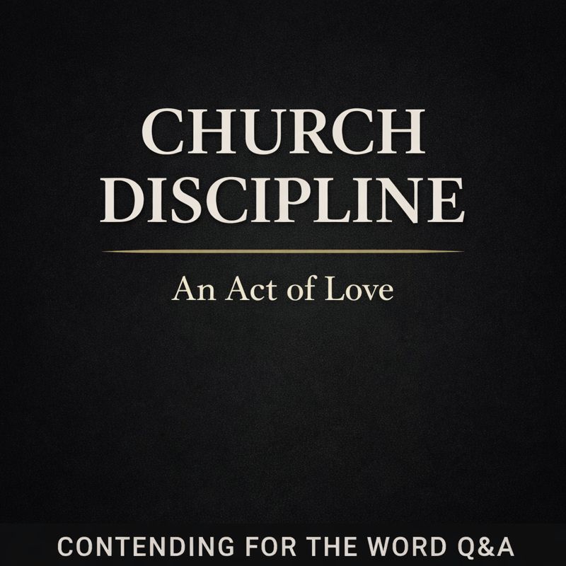 Minimalist dark charcoal YouTube thumbnail with the title ‘Church Discipline’ in large serif text, a thin gold divider line, the subtitle ‘An Act of Love,’ and a bottom banner reading ‘Contending for the Word Q&A.