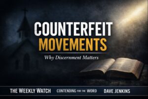 Thumbnail for The Weekly Watch episode titled “How Counterfeit Movements Gain Traction in the Church,” featuring a dark background with an open Bible fading into shadow and light breaking through, symbolizing biblical discernment and vigilance.