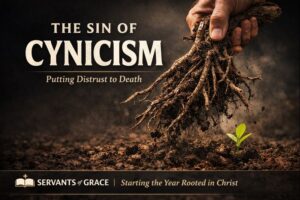 A hand pulling dead roots from dark soil while a green shoot grows nearby, symbolizing the biblical call to put the sin of cynicism to death and live by faith in Christ.