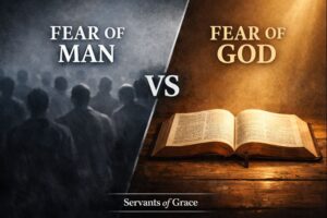 Fear of Man vs. Fear of God thumbnail showing a shadowed crowd contrasted with an open Bible under warm light, illustrating biblical obedience versus fear of people.