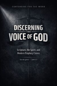 Dramatic dark background with the title ‘Discerning the Voice of God’ in bold text, faint scales of justice in the background, and the subtitle ‘Scripture, the Spirit, and Modern Prophecy Claims’ for Contending for the Word.