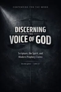 Dramatic dark background with the title ‘Discerning the Voice of God’ in bold text, faint scales of justice in the background, and the subtitle ‘Scripture, the Spirit, and Modern Prophecy Claims’ for Contending for the Word.