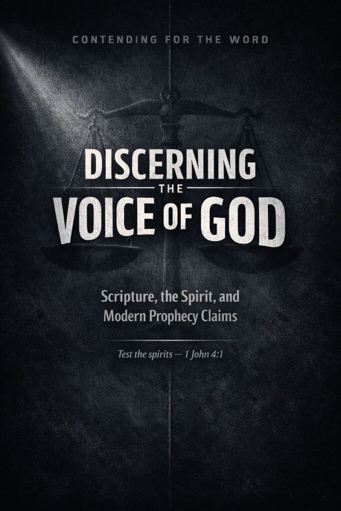 Discerning the Voice of God: Scripture, the Spirit, and Modern Prophecy Claims 1 Dramatic dark background with the title ‘Discerning the Voice of God’ in bold text, faint scales of justice in the background, and the subtitle ‘Scripture, the Spirit, and Modern Prophecy Claims’ for Contending for the Word.