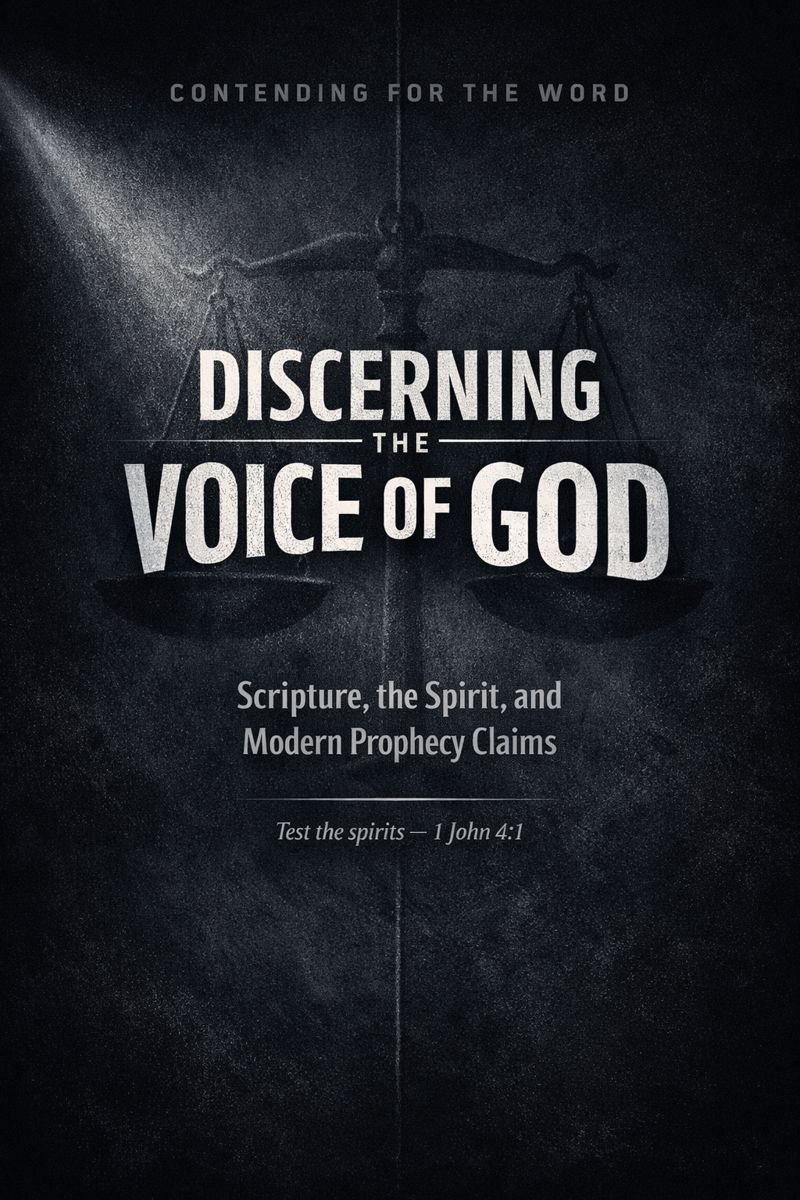 Dramatic dark background with the title ‘Discerning the Voice of God’ in bold text, faint scales of justice in the background, and the subtitle ‘Scripture, the Spirit, and Modern Prophecy Claims’ for Contending for the Word.