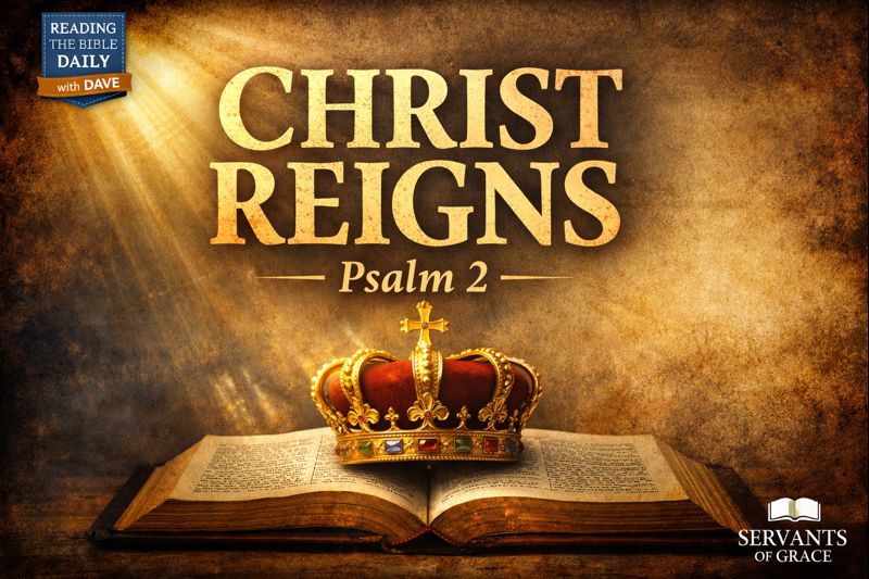 Christ Reigns Psalm 2 YouTube thumbnail featuring an open Bible with a golden crown resting on its pages, warm light shining down, and the text ‘Christ Reigns – Psalm 2’ for Reading the Bible Daily with Dave by Servants of Grace.