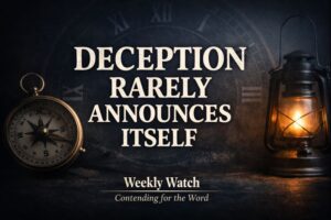 Weekly Watch thumbnail featuring the title “Deception Rarely Announces Itself” with a compass and lantern on a dark background, representing biblical discernment, part of Contending for the Word with Dave Jenkins.