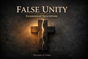 A fractured cross divided by light and shadow on a dark background with the text “False Unity – Ecumenical Syncretism,” symbolizing doctrinal compromise within the church.